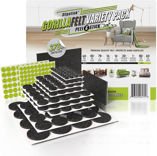 Slipstick Gorilla Felt Furniture Pads (375 Piece Variety Pack) Premium Furniture Pads & Chair Leg Floor Protectors for Hardwood Floors & Hard Surfaces