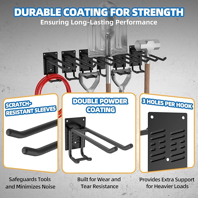 4 Pack Garage Hooks Heavy Duty 10 INCH Double-Layer Steel Shed Wall Mount Workshop Garage Storage Organizer Hooks for Hanging Garden Tool, Hose, Ladder, Chairs, Bikes with Anti-Slip Coating