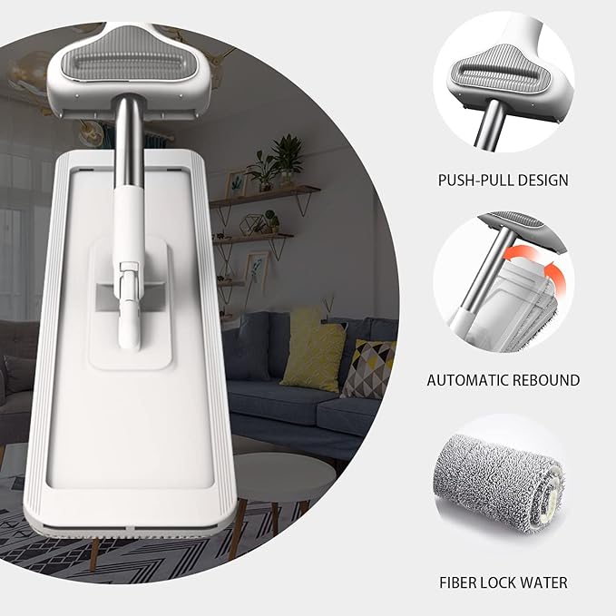 Hands-Free Self Wringing Cleaning Flat Mop - Microfiber with 6 x Washable Pads,,Floor Scrub Brush，Floor Squeegee (1 Mop+6 Microfiber Pads +1 Brush+1 Glass Wiper)