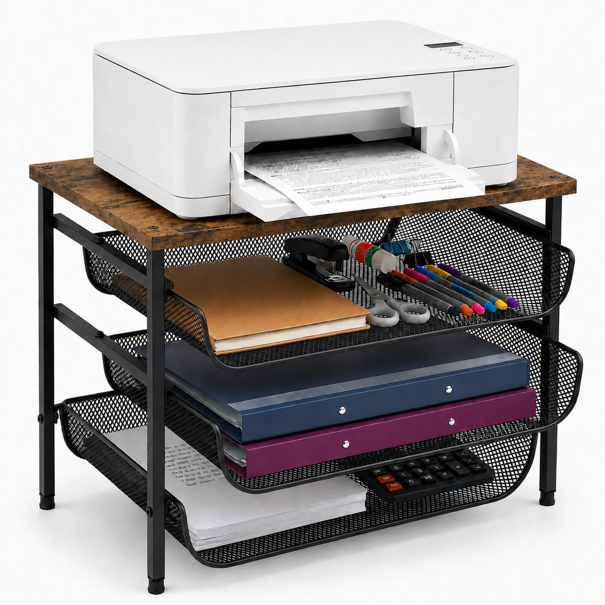 4-Tier Printer Stand with Storage for Desk, Wood Table Top - Image 1