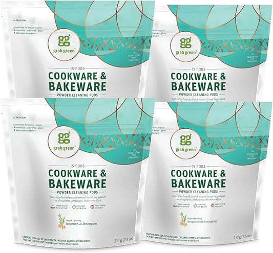 Grab Green Cookware and Bakeware Cleaner Pods, 4 Bags of 15 Pods, Tangerine Lemongrass Scent, Plant and Mineral Based, Removes Burnt-On Food, Eliminates Grit and Grime, No Scrubbing Necessary