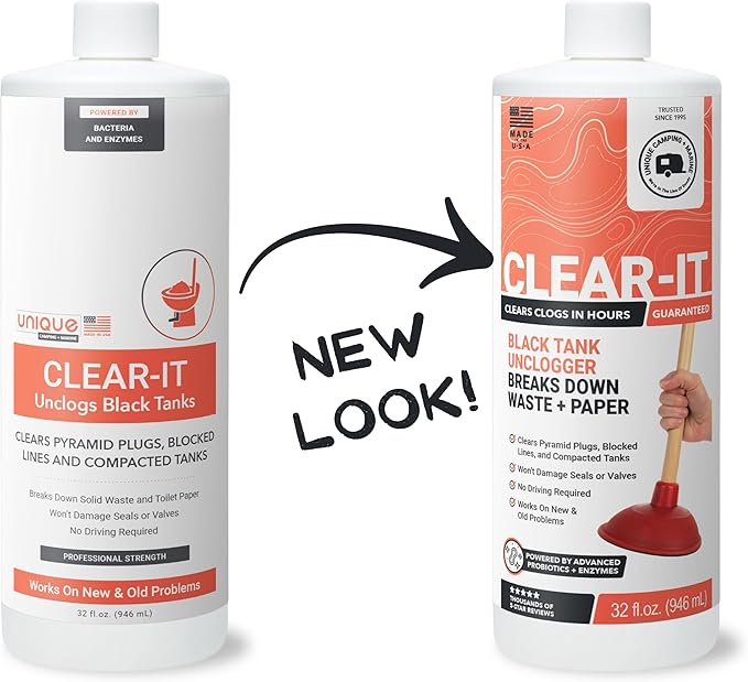 Unique Clear-It RV Black Tank Unclogger Liquid - Breaks Through Pyramid Plugs, Compacted Tanks, and Clogged Pipes (32 oz)