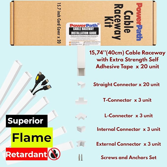 Cable Management Raceway Kit – 20 Pack 15.7” PVC Wire Hider with Connectors, T & L Corners, Inside & Outside Corners, Screws – Paintable Wall Cord Cover for TV, Home & Office