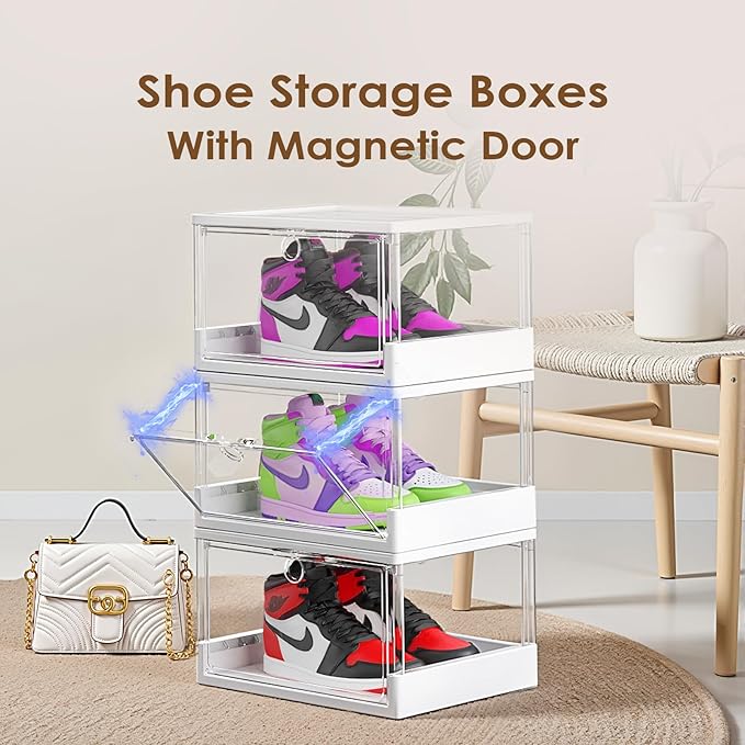 Thicken & Sturdy Clear Shoe Boxes with Magnetic Door, 3 Pack Stackable Multi-functional Shoe Storage, Shoe Organizer for Closet, Space Saving, 360 ° Dustproof & Moisture-proof, Fits Up to US Size 13