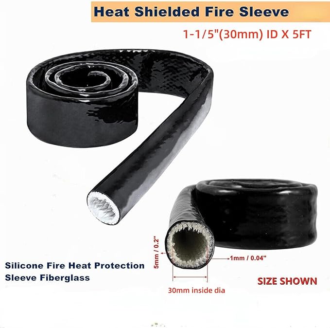 1-1/5"(30mm) ID Heat Shielded Fire Thermo Armor Fire Sleeve Silicone Coated Fiberglass for Automotive Hose Lines & Electrical Wiring Black, 5 feet