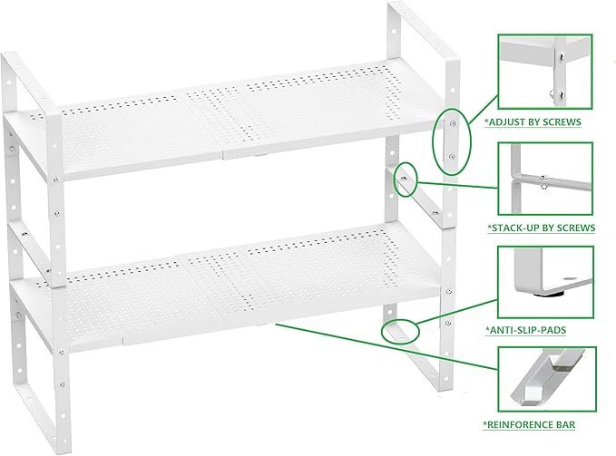Expandable Shoe Rack Stackable Metal Pantry Storage Shelves Stand Adjustable Height Cabinet Shelf Organizer Racks Spice Shelving(1PACKS/WHITE,LARGE)