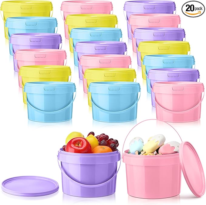 20 Pack 1 Gallon Plastic Bucket with Lids and Handles Food Grade Ice Cream Buckets with Lid Reusable Colorful Multipurpose Food Storage Containers Freeze Safe Ice Cream Tubs for Kitchen