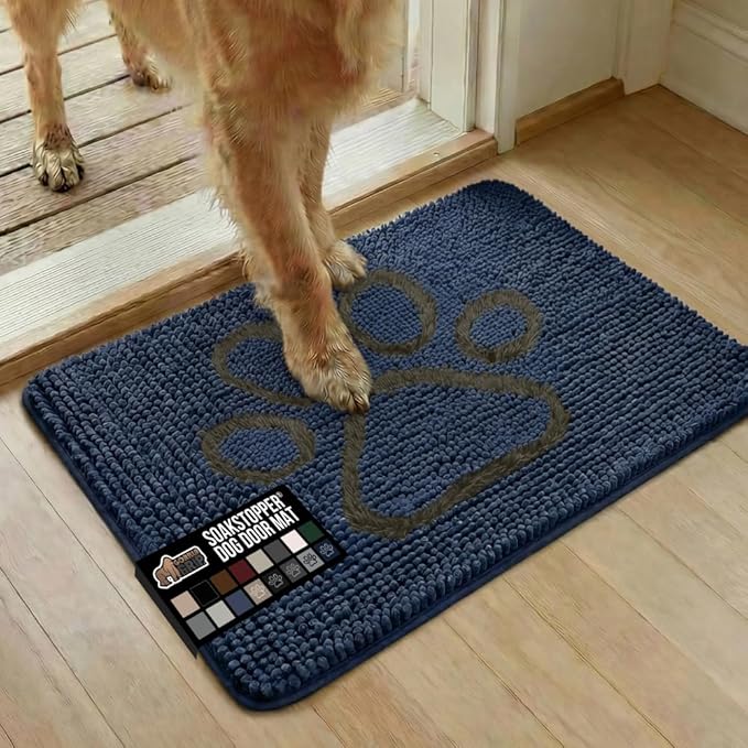 GORILLA GRIP SoakSTOPPER Dog Door Mat, 30x20 Machine Washable Rug Absorbent Doormat Captures Moisture Mud Dirt, Quick Dry Soft Chenille Entryway Rugs Indoor Entrance Mats for Dog Paws, Navy