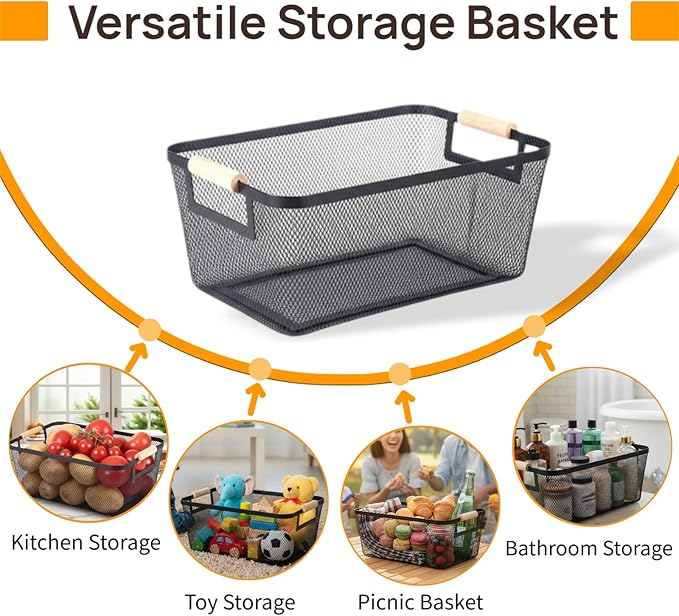 2-Pack Metal Mesh Basket, Medium Wire Storage Organizer with Wood Handle for Kitchen Pantry, Bathroom, Cabinet, Closet, Picnic & Home Organization, Medium, Black