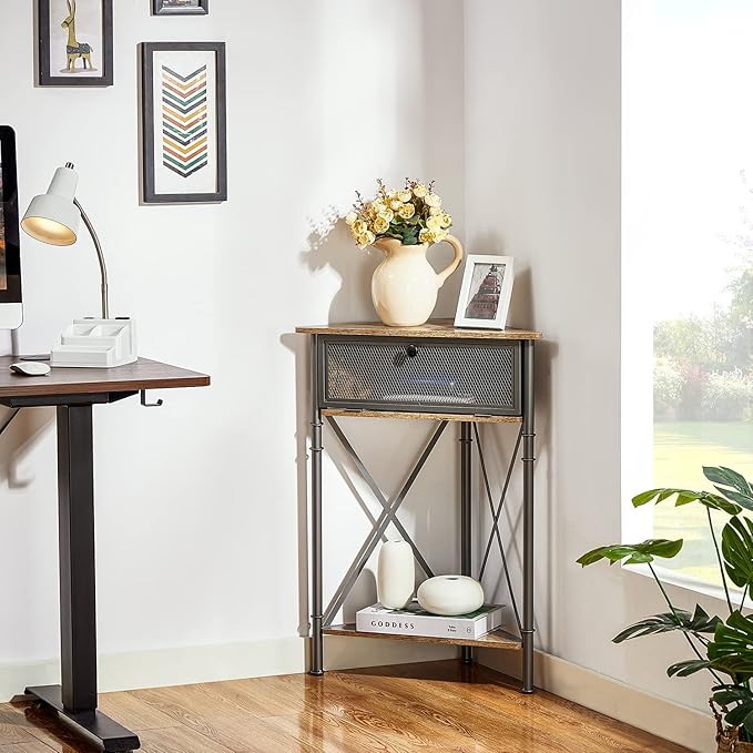 VECELO Corner Table/Cabinet with Flip Door and Storage Shelves, Free-Standing Organizer for Compact Space in Living Room/Study/Lobby/Bedroom,Industrial
