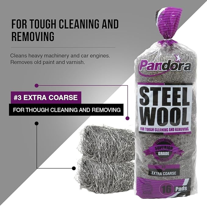 Pandora Steel Wool #3 – Extra Coarse Grade, 32 Pads for Tough Cleaning and Removing - Metal Strands - Ideal to Remove Rust, Grime, and Stubborn Stains