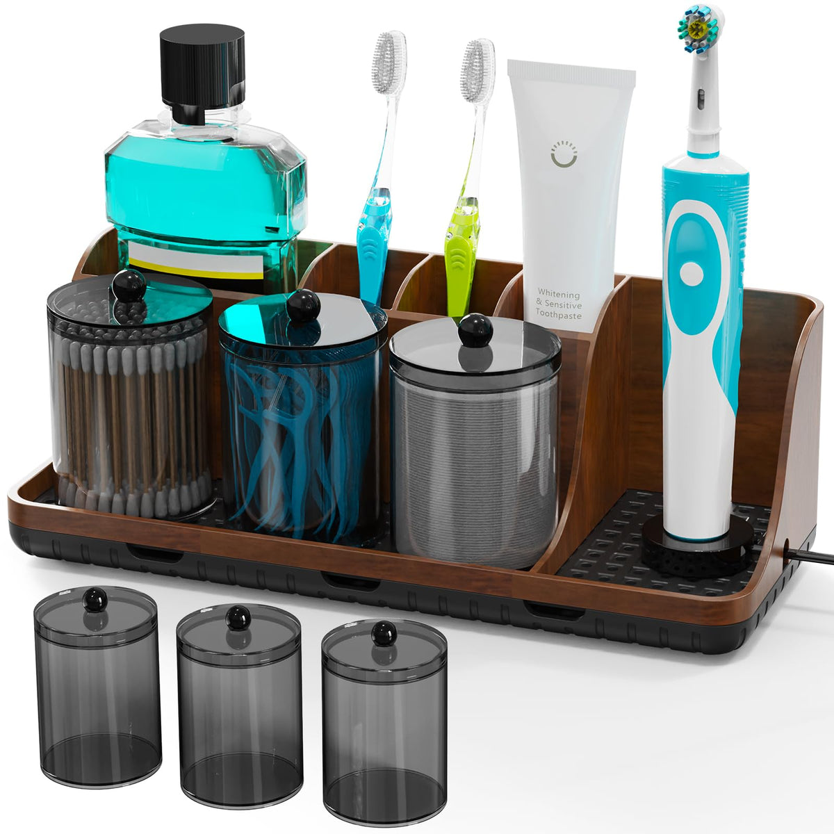 Bathrooms Toothbrush Holder Set with 3 PCS Qtip Holder (Brown - Image 1