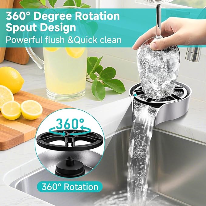Glass Rinser for Kitchen Sink, High Pressure 360 Degree Rotating Spout Glass Rinser with Pull-out Spray Gun Design, Glass Cup Cleaner Sink Attachment Washer Baby Bottle, Glass Cup, Wine Glass (Silver)