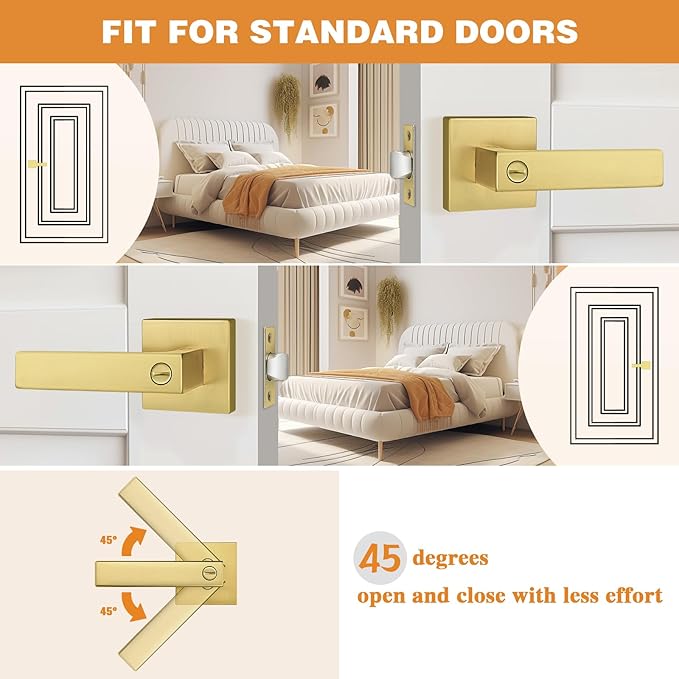 Probrico Gold Privacy Door Handle Lockset Heavy Duty Interior Door Lever for Bedroom Reversible Keyless Handleset Door Knob 2 Pack