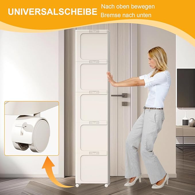 5-Tier Slim Tall Bathroom Cabinet, Plastic Tall Narrow Cabinet with Doors and Shelves, Floorstanding Skinny Cabinets with Wheels, Corner Bathroom Organizer for Small Space
