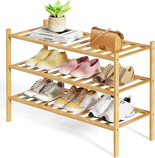 Kitsure Bamboo Wooden Shoe Rack for Closet - Stackable Shoe Organizer with Modular Structure, Space-Saving Shoe Shelf for Entryway, Living Room, Bedroom, 26.8" x 11" x 18.9", Natural