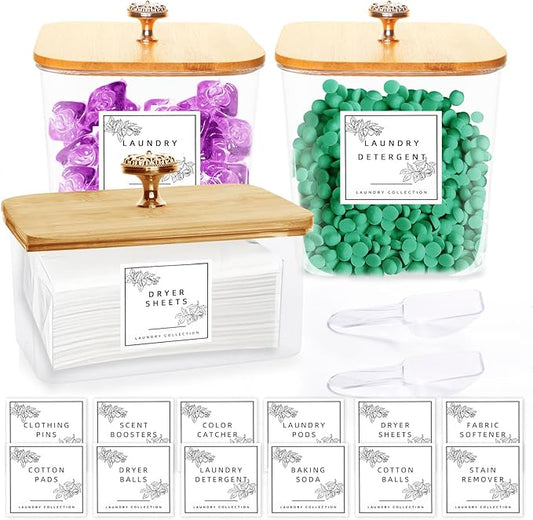 3 Pack Laundry Room Organization Storage Containers Acrylic Jars and Dryer Sheet Container with Lids and Labels for Laundry Detergent Laundry Pods Containers Dry Sheet Organizing