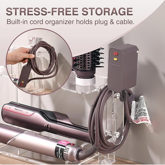 Hair Tool Holder for Dyson Airwrap Attachments, Storage Holder Compatible with Shark FlexStyle FlexFusion, Acrylic Display Rack Countertop Organizer Wall Mount for Hair Stylers, Clear&White