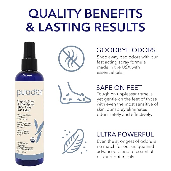 PURA D'OR Organic Shoe & Foot Odor Eliminator Spray (8oz) Deodorizes & Removes Bad Smells with Eucalyptus, Peppermint, Tea Tree, Lemongrass Essential Oil, Maximum Strength (Packaging may vary)