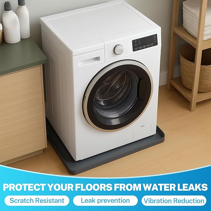 27" X 27" Washer Tray for Floor Protection, Washing Machine Drain Pan Silicone Mat with 4Pcs Anti Vibration Pads for Dryer, Washer, Refrigerator