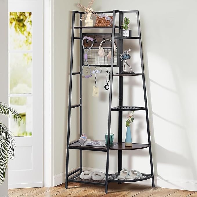 DOEWORKS Entryway Hall Tree with Storage Shelves, Freestanding Industrial Storage Rack Organizer Tower with Hooks, Rustic Brown