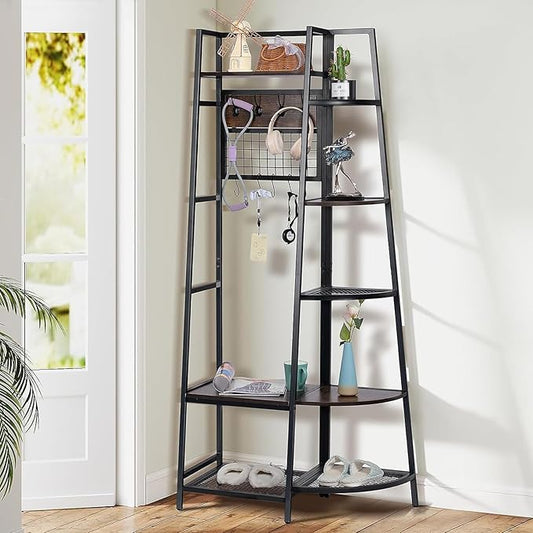 DOEWORKS Entryway Hall Tree with Storage Shelves, Freestanding Industrial Storage Rack Organizer Tower with Hooks, Rustic Brown