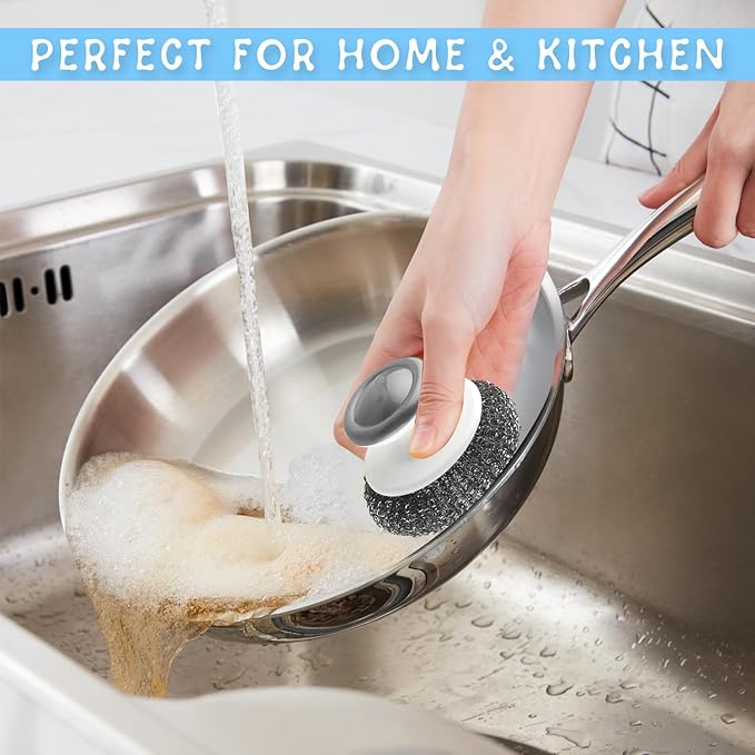 8 Pcs Stainless Steel Scrubber Steel Wool Scrubber Tool Scrubbing Scouring Brush Ball with Handle for Home Kitchen Pots Pans