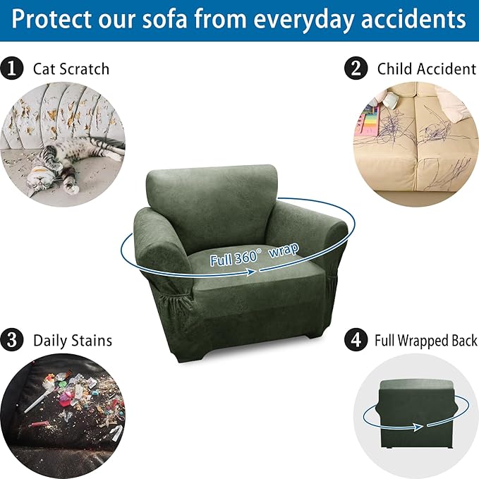 Single Sofa Cover Leather Look Chair Covers for Living Room 1-Piece Sofa Chair Covers with Arms Stretch Furniture Protector with Elastic Bottom & Pockets(Armchair, Army Green)