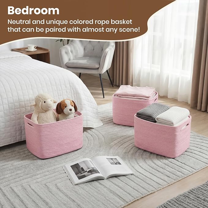 Storage Baskets for Organizing, 14 x 10 x 9” Closet Shelf Woven Baskets, Square Bins with Handles, Cotton Rope Basket for Toys, Clothes, Office, Room, Pink 1 Pack