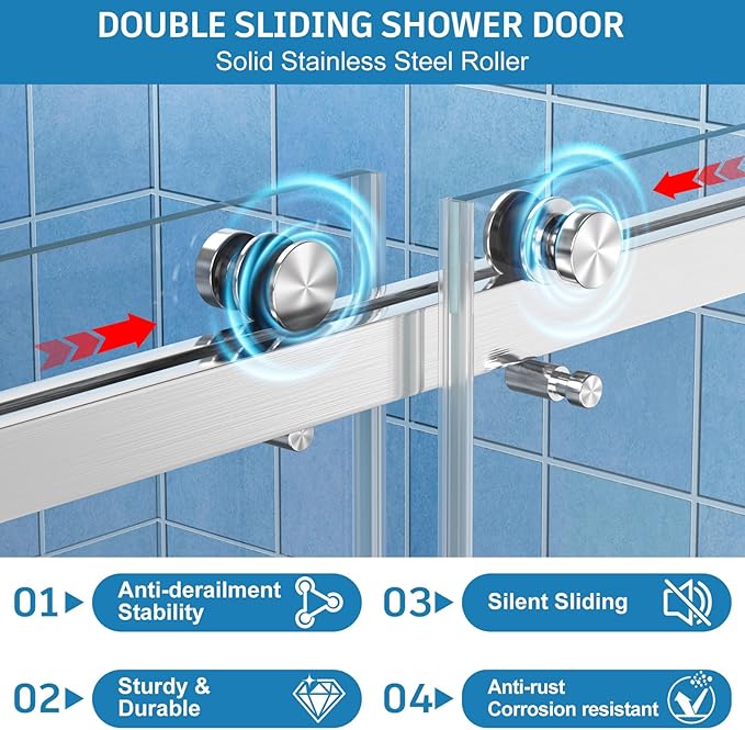 Frameless Shower Door, 56-60" W x 72" H Double Sliding Shower Doors, 1/4" (6mm) Thick Tempered Clear Glass Door with Explosion-Proof Film Nano Coating, Stainless Steel Hardware, Brushed Nickel