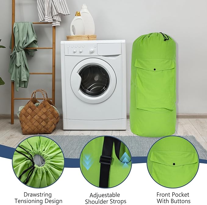 Sanlykate Canvas Backpack Laundry Bag - Extra Large Durable Dirty Clothes 2-3 Days Capacity with Adjustable Shoulder Strap & Front Pocket, for College Dorm, Apartment, Laundromats, Camping Travel