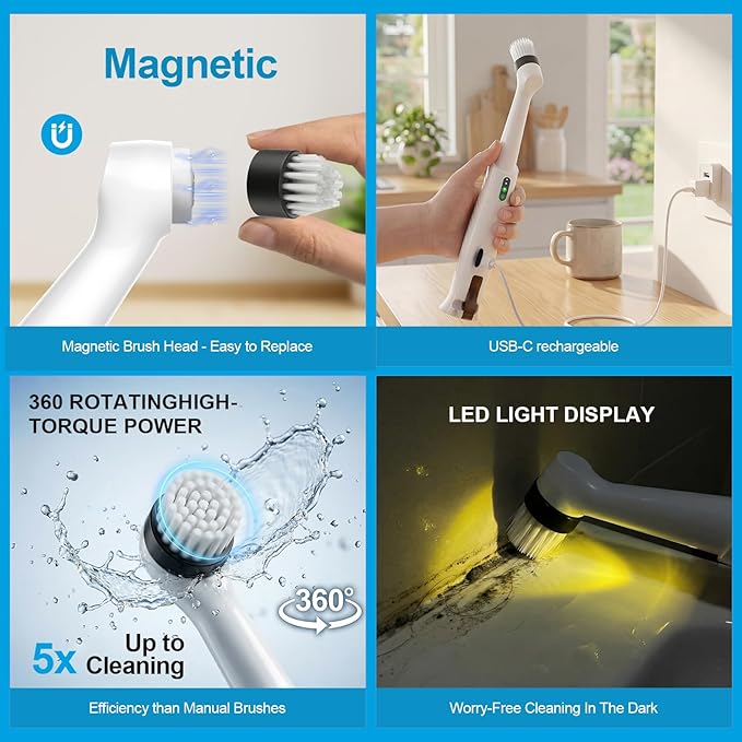 Electric Spin Scrubber-Waterproof Rechargeable with LED Light,5 Multi-Purpose Brush Heads for Deep Cleaning Grout, Tile, Bathroom, Kitchen, Sink, Shower, Tub, Corners & Tight Spaces