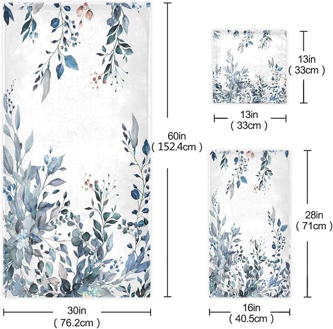 Blue Eucalyptus Bath Towel Set, 3 Piece Watercolor Blue Leaf Floral Spring Set, Absorbent Microfiber Decorative Towels for Hair, Face