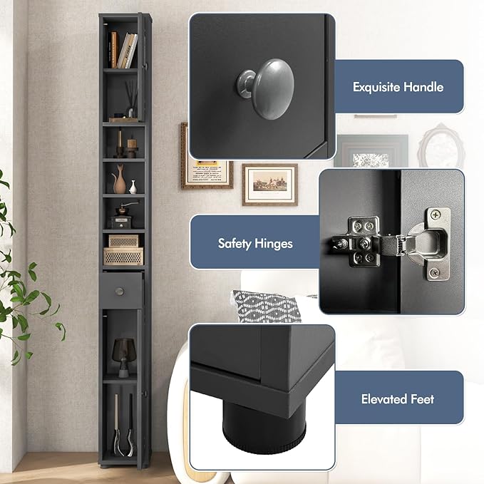 LDAILY 71”Tall Narrow Storage Cabinet, Skinny Bathroom Storage with 1 Drawer, 2 Doors, 5 Adjustable Shelves and Anti-Tipping Device, Wooden Slim Bathroom Cabinet for Office, Kitchen, Small Space