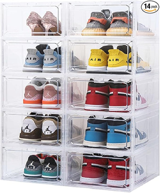 Large Shoe Organizer Stackable with Magnetic Door DVD/CD Storage 4pcs, Clear Shoe Boxes for Closet, Foldable Space-saving Shoe Rack