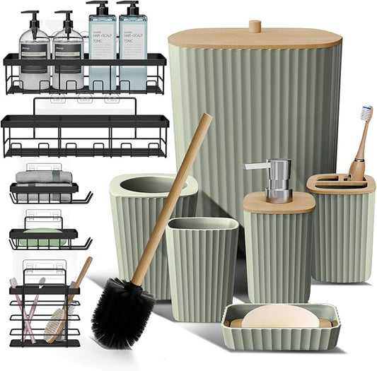 Clara Clark Bathroom Set - Sage Green Bathroom Accessories Set, 6PC Bathroom Accessory Set, Bathroom Sets with Adhesive Corner Shower Caddy Hanging, Toilet Brush, Trash Can & Soap Dispenser