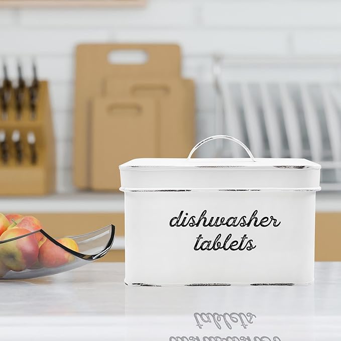 AuldHome Design Dishwasher Pod Holder, Tablet Container; White Enamelware Rustic Kitchen Storage Tin w/Lid