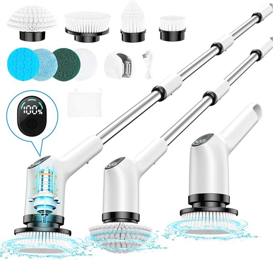 Electric Spin Scrubber, 2024 Upgrade Cordless Shower Scrubber with 8 Replaceable Brush Heads and 3 Adjustable Speeds, LED Screen and Extension Handle (Black)