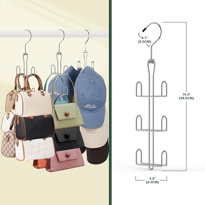 Purse Hanger 2 Pack,Purse Organizer for Closet,Rotatable Metal Bag Organizer,Purse Holder for Handbags,Belts,Scarves,Tote,Baseball Hats,Backpacks(Silver)