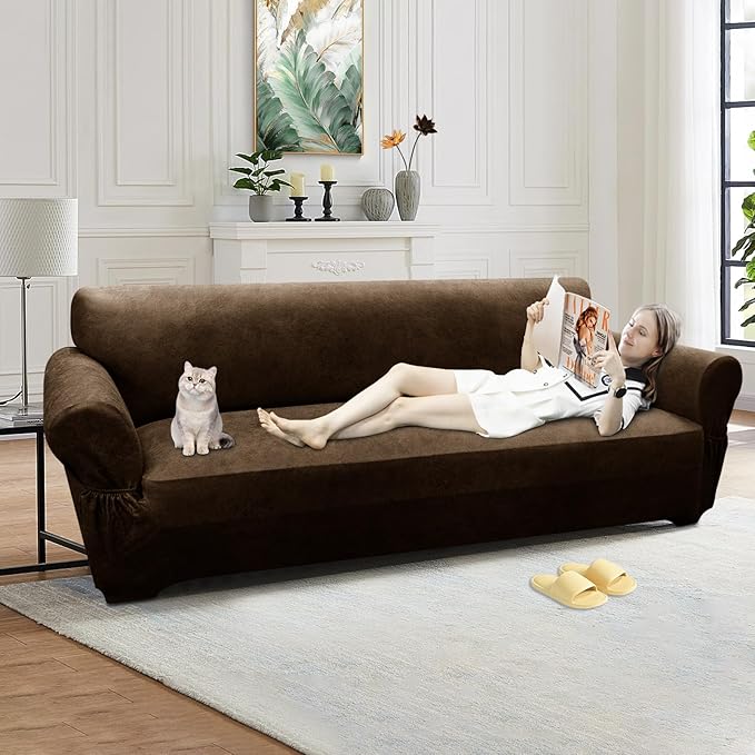 Oversized Sofa Slipcover Leather Look Couch Cover for 4 Seater Sofa 1-Piece Sofa Cover Stretch Furniture Protector with Elastic Bottom & Pockets(XL Sofa, Dark Brown)