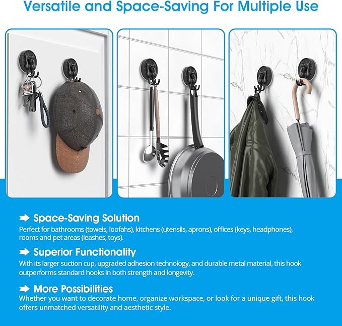 AST Cute Double-Cat Suction Cup Hook, 2 Pack, Heavy Duty Hooks, Upgraded Reliable Force of Both Adhesion and Vacuum, Wall Holders for Loofah, Towel, Coat and Bath Robe, Waterproof Hanger, Matte Black