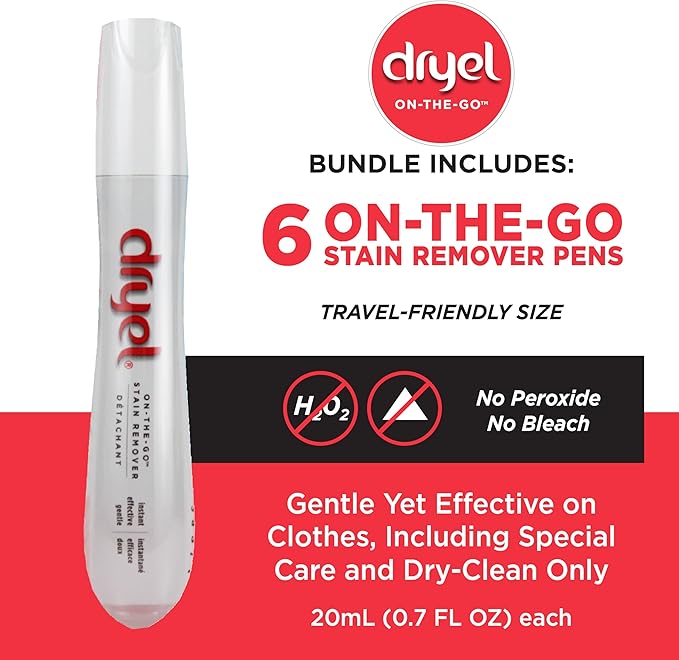 Dryel On-The-Go Stain Remover Pen with Soft Touch Applicator Scrubber, Instantly Removes Tough Stains from Clothing, 6-Pack