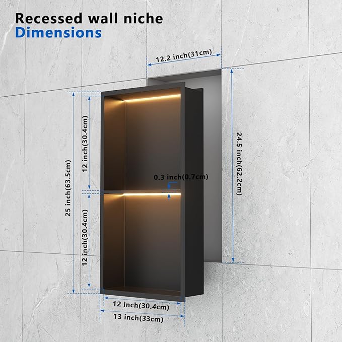 QAOYEDE 24"x12" Stainless Steel Shower Niche 2-Tier Shelf, Matte Black with Waterproof LED Light, No Tile Needed Recessed Wall Organizer for Bathroom