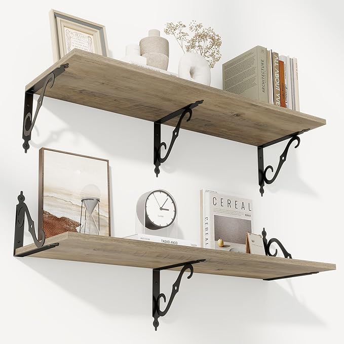 RICHFOCUS 12 Inch Deep Floating Shelves for Wall, 36" W x 12" D Wood Wall Shelves Set of 2, Wide Floating Shelves for Living Room, Bedroom, Kitchen, Bathroom and Decor Storage, Grey