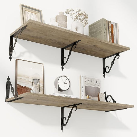 RICHFOCUS 12 Inch Deep Floating Shelves for Wall, 36" W x 12" D Wood Wall Shelves Set of 2, Wide Floating Shelves for Living Room, Bedroom, Kitchen, Bathroom and Decor Storage, Grey