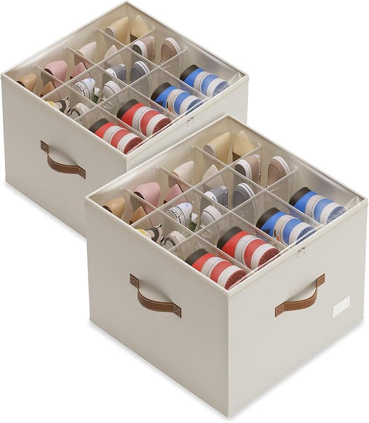 Shoe Organizer for Closet,2 Pack Shoe Storage Bins Foldable Shoe Storage Box Containers with Clear Cover and Sturdy Handles,Shoe Rack for Closet Storage for Sneakers Heels Slippers (Beige)