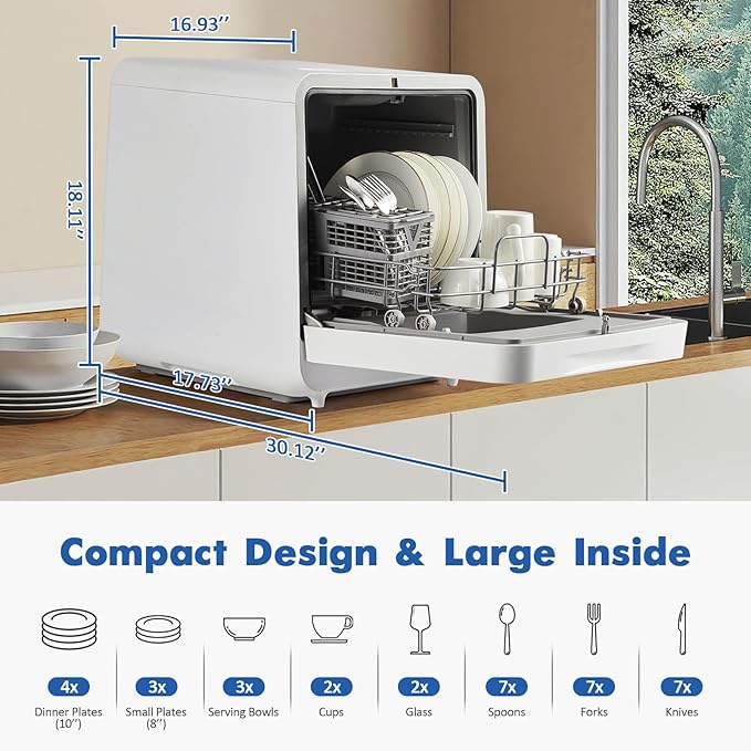 Dishwasher Countertop Compact Portable Dishwasher with Faucet & Self-Priming Water Modes Water Inlet, Compact with More Space Inside,6 Programs Ideal for RV & Apartments, No Hookup Needed