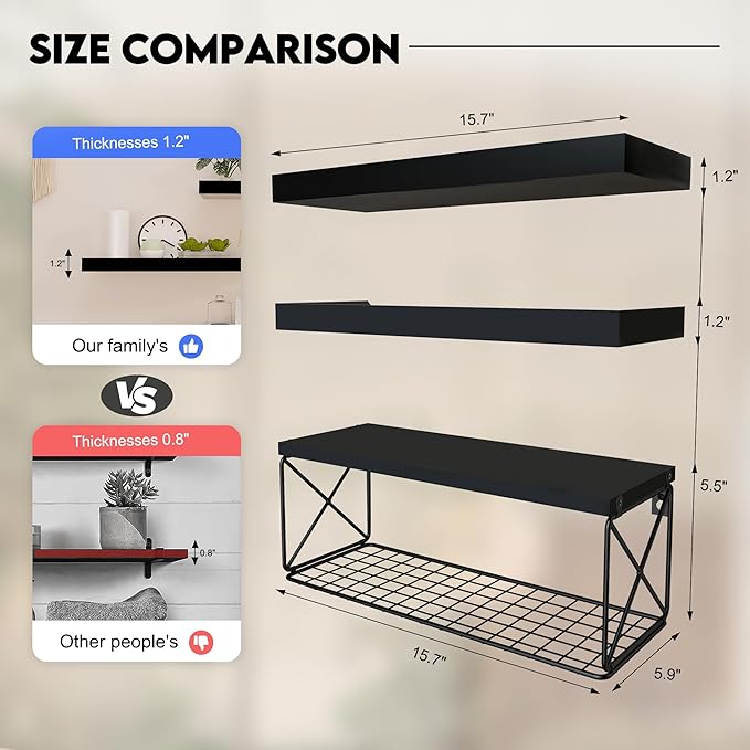 Floating Bathroom Shelves with Wire Storage Basket, Wall Mounted Shelf Over Toilet, 3+1 Tier Wall Decor Small 15.7 Inch Set of 3(Black)