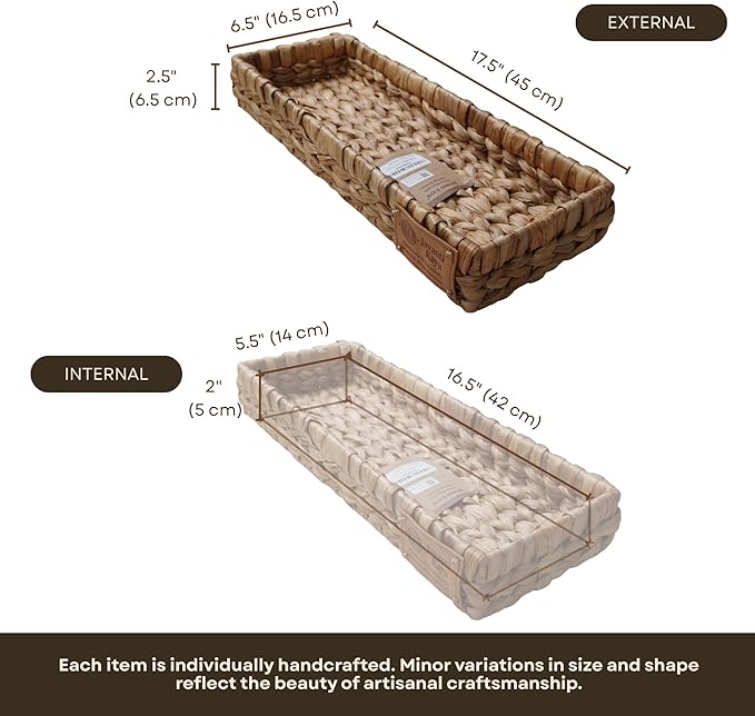 Handmade Water Hyacinth Wicker Storage Basket – Rectangle Organizer Bin for Shelves, Blanket, Bathroom, Closet, Toilet Tank – Decorative & Durable (1, 17.5"x6.7"x2.5")
