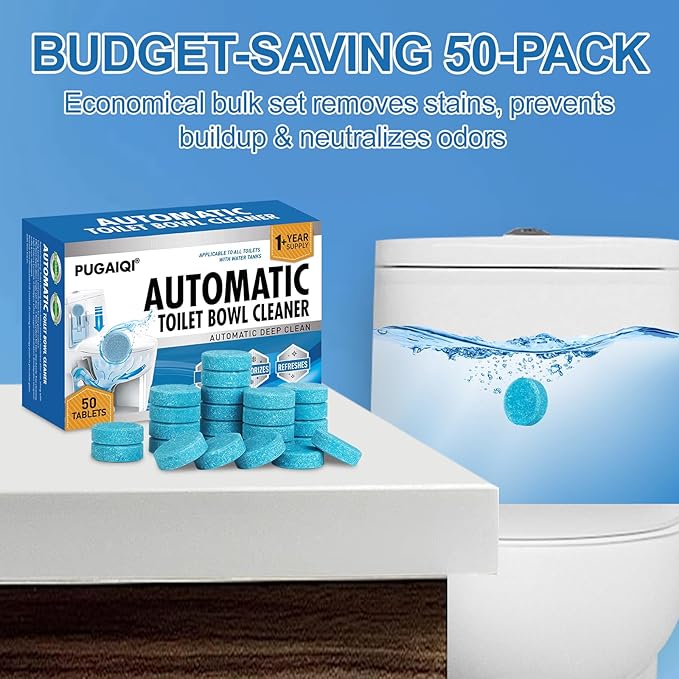 Automatic Toilet Bowl Cleaner Tablets, Blue, Septic Safe Hard Water Stain and Odor Remover, 50 Count，Effervescent Stain & Odor Remover Bathroom，Effervescent Stain Odor Remover Works with Toilets